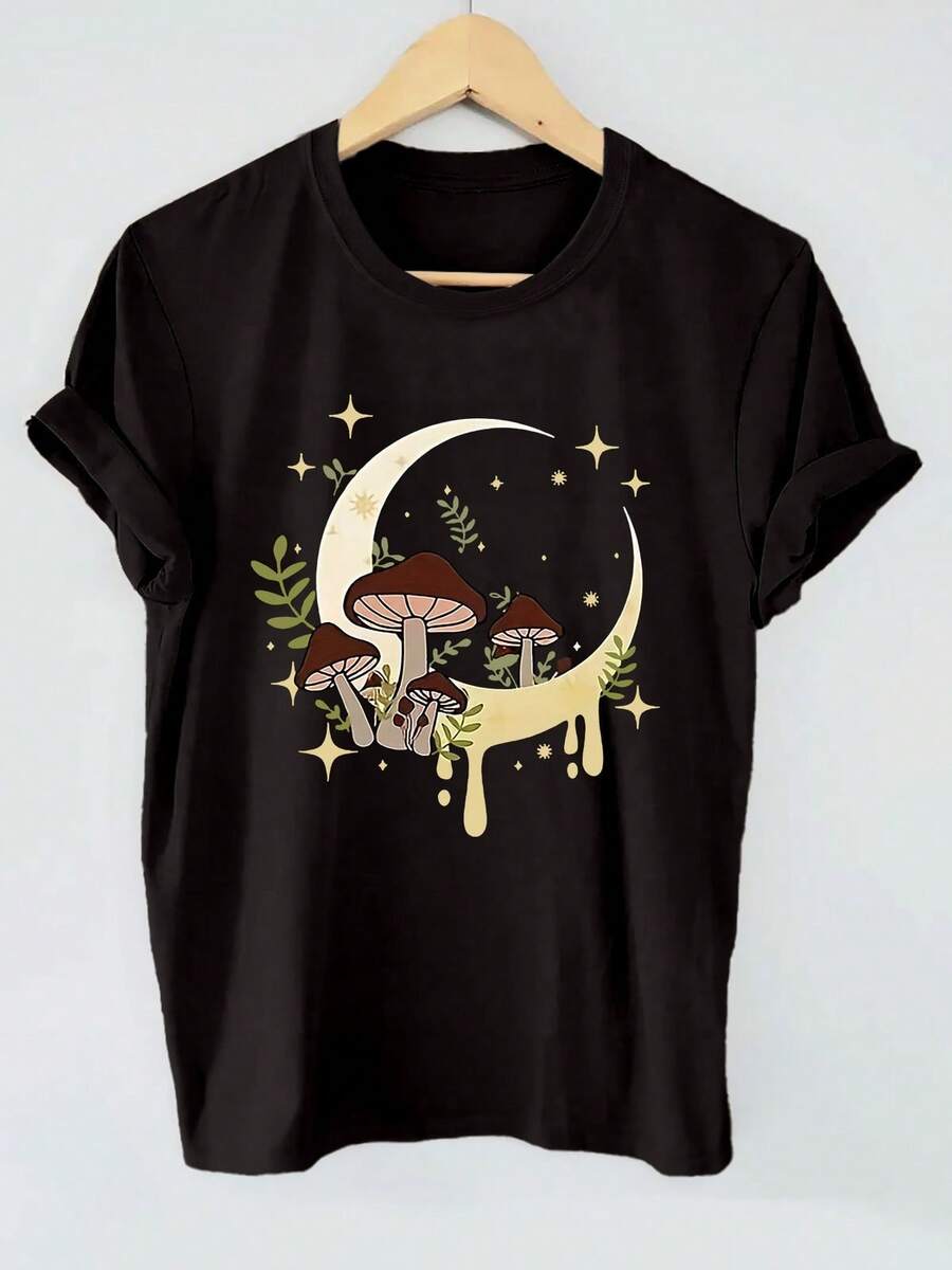 Mushroom Moon Cottagecore T-Shirt For Women - Cute Boho Nature Graphic, Soft Cotton, Casual Festival Summer TeeWomen's Casual Short Sleeve Crew Neck T-Shirt, Spring Summer Everyday Wear, Street  Daily Outfit Tops For Women Canada - màu đen - Xem 1