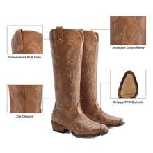 Women's Cowboy Embroidered Western Boots Pull On Side Zipper Knee High Boots Chunky Heel  Comfort Fashion Vintage Outdoor Western Cowgirl Boots - 棕色 - 查看 2