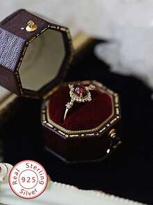 1枚复古立方氧化锆S925纯银永恒戒指，女士奢华珠宝礼物 - 金色 - 查看 2