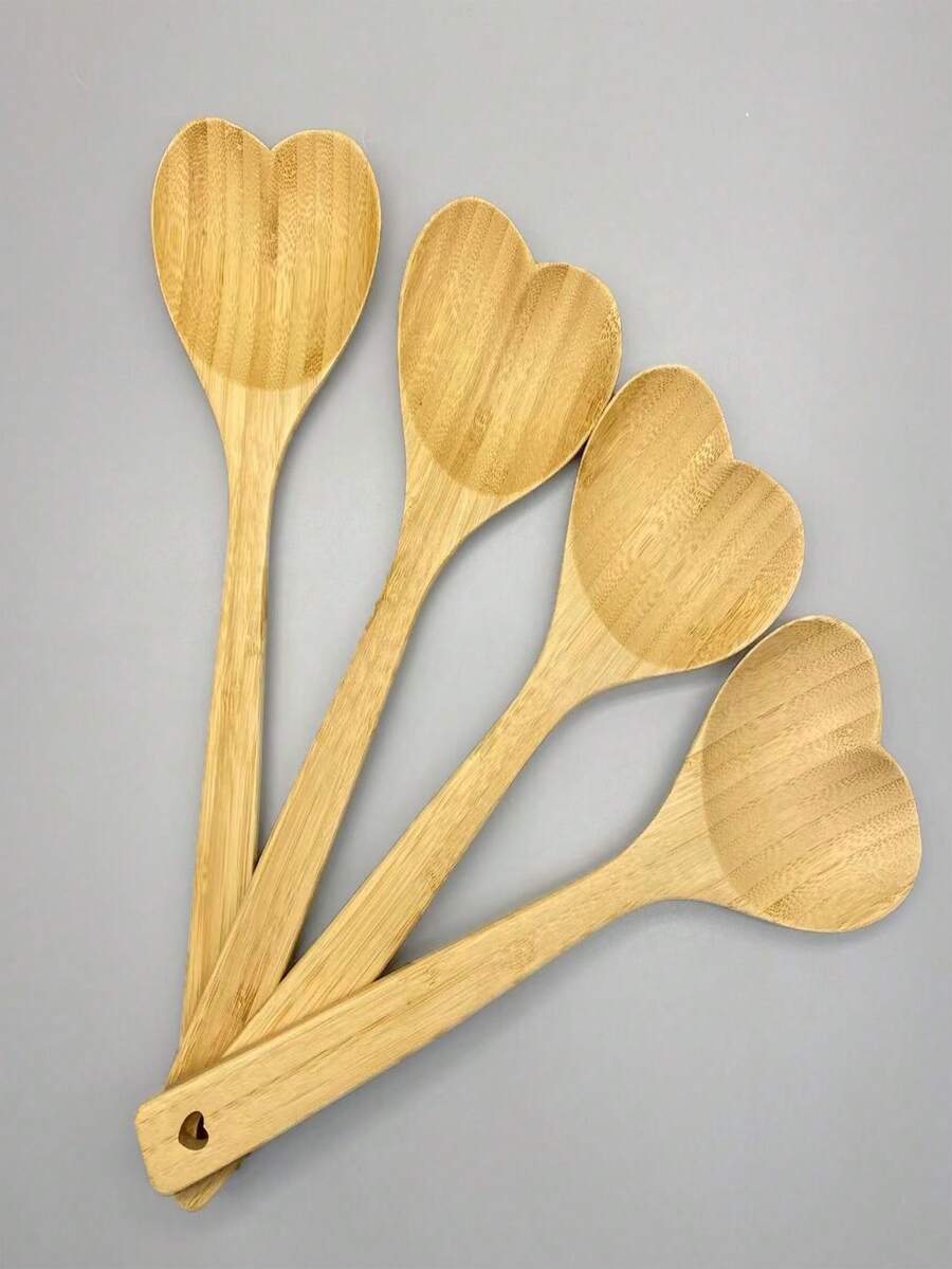 Bộ 1/3 muỗng tre hình trái tim, muỗng nấu ăn thiết kế hình trái tim bằng tre, quà tặng Ngày của Mẹ/Lễ Tạ ơn. - Màu Mù tạt vàng - Xem 1