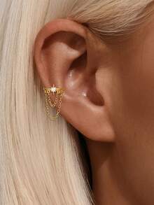 1PC 18K Gold Plated Star Dangle Chain Clicker, Dainty 925 Sterling Silver Flat Back Stud Earrings For Women Helix Hinged Clicker, Double Chain Conch Hoop Small CZ Helix Conch Tragus Piercing Jewelry - Style 1 - View 3