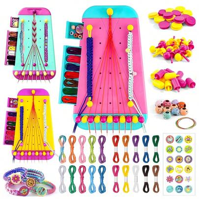 儿童DIY编织手工套装，包含编织工具、绳子、珠子、贴纸和其他配件。可编织友谊手链和发型，增强动手能力和创造力。是生日派对、家庭聚会的完美手工礼物，适合6岁及以上儿童。