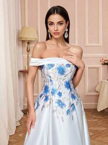 Đầm maxi dự tiệc không tay, hở vai, xòe rộng, chất liệu vải dệt, thanh lịch dành cho nữ, thích hợp cho đám cưới. - trắng - Xem 3