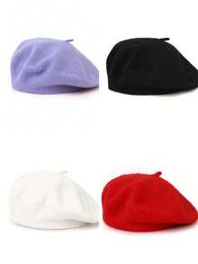 1 pieza Boina vintage elegante, gorra de artista de punto de lana de unicolor, suave y cómoda, ajuste elástico, estilo clásico, elemento de moda versátil para primavera/otoño, gorra plana de estilo francés de unicolor adecuada para uso casual y de fiesta - boina de color sólido - Ver 11