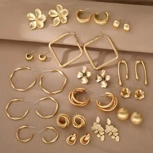 5 Pairs Vintage Luxury Gold Flower & Geometric Earring Set, Matte Metal Wrapped Design Earrings, Suitable For Women's Daily And Party Wear - Multicolor - View 4