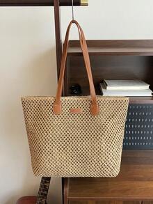 New Arrival Minimalist Hollow Straw Beach Bag, Casual Lightweight Shoulder Tote Bag For Women - Khaki - View 7