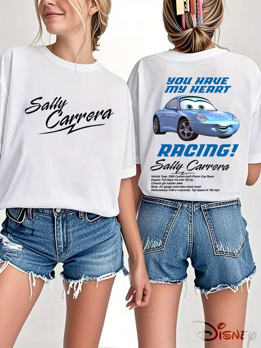 Disney Women's "Car Story" Sally Printed T-Shirt, Retro Washed T-Shirt, Easy To Create A Retro Leisure Style, Suitable For Daily Commuting, Leisure Travel, Leisure Dress, Classic Retro Women's Clothing. - 白色 - 查看 1