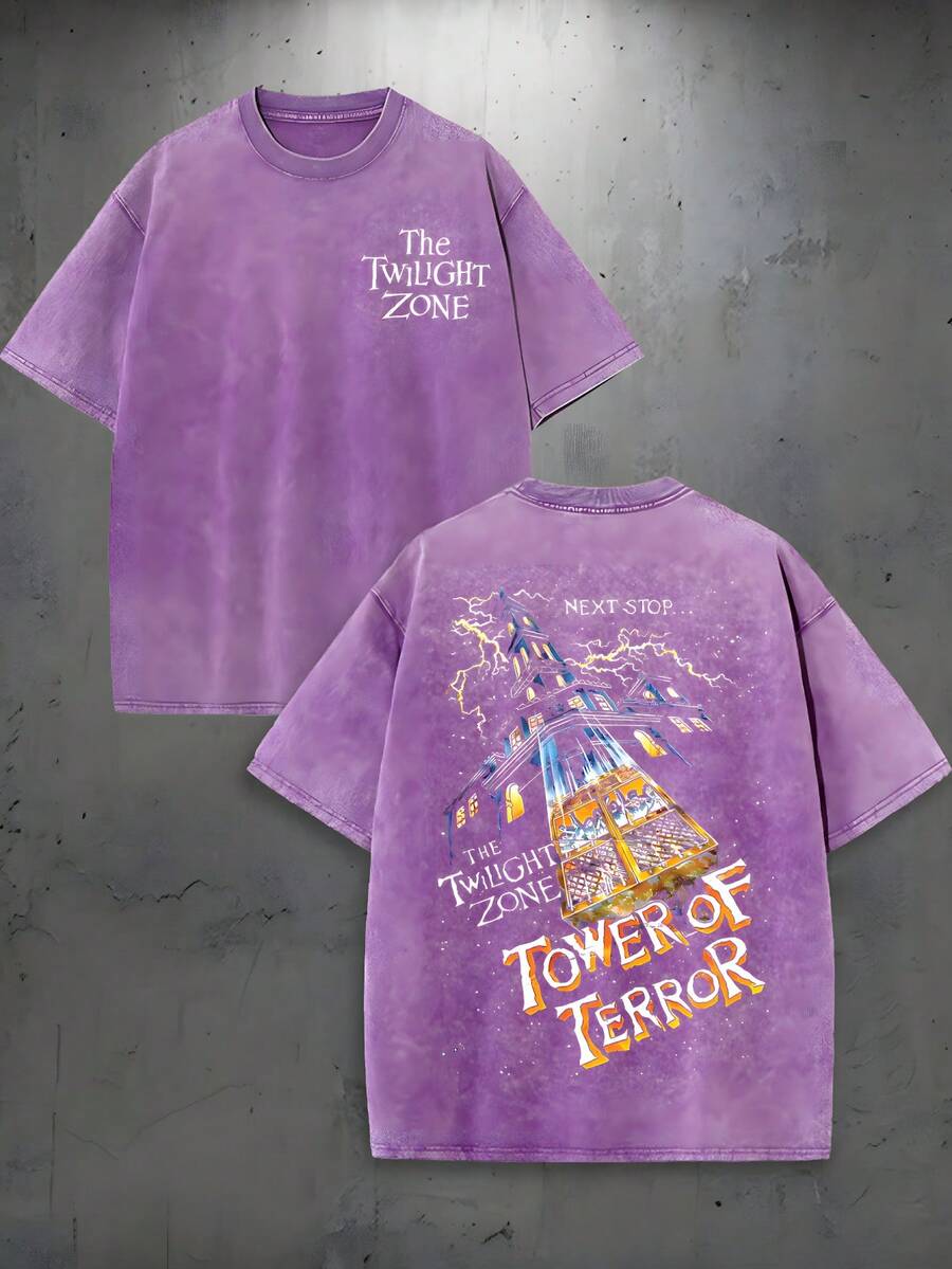 The Twilight Zone Tower Of Terror T Shirt Retro Washed T-Shirt Double Sided Printed 230 Pure Cotton T-Shirt Men's T-Shirt Men's Casual Comfortable Fashionable T-Shirt Street Style Cotton - Màu Lilac Tím - Xem 1