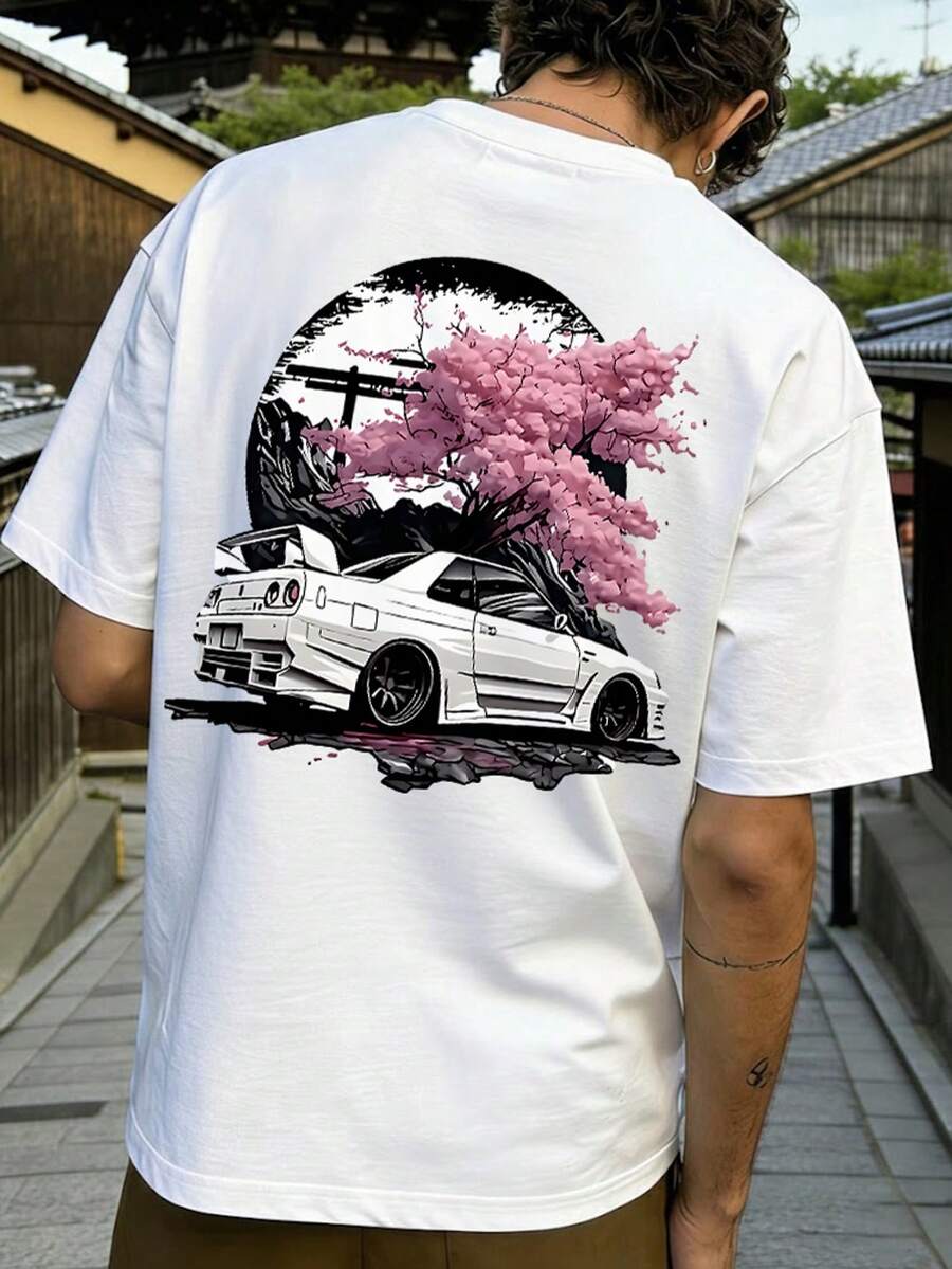 Fractyr 男士夏季时尚简约街头樱花树汽车图案圆领短袖T恤 | 百搭街头休闲风T恤，男友/老公礼物 - 白色 - 查看 1