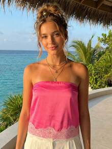 Women's Y2k Lace Patchwork Tube Tops Summer Fashionable Off Shoulder Sleeveless Satin Bandeau Shirt - Pink - View 3