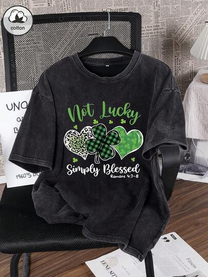 Es Trus Cotton 女士夏季趣味印花嘻哈圣帕特里克节“三叶草，双心”个性化图案印花街头风，韩版舒适复古基础款时尚通勤百搭Y2K女装，适合户外休闲，常规小众朋克风黑色上衣，合身圆领短袖水洗T恤休闲款