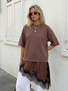 Womens Summer T Shirt 3/4 Length Sleeve Crew Neck Lace Patchwork Hem Casual Loose Fit Tops - 咖啡色 - 查看 6