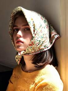 1条女士真丝领巾，亚麻材质，复古花卉图案，可用作头巾、发带或发饰，是提升整体造型的理想之选。 - 彩色 - 查看 6