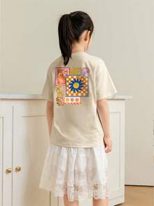 Tween Girls Casual Printed Round Neck Short Sleeve T-Shirt, Summer Top - Apricot - View 2