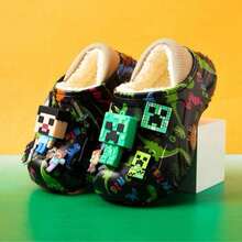 1双Minecraft主题毛绒拖鞋，恐龙印花，饰有史蒂夫、苦力怕和钻石图案，保暖舒适的室内鞋，柔软毛绒内衬，专属游戏玩家配件 - 多色 - 查看 6