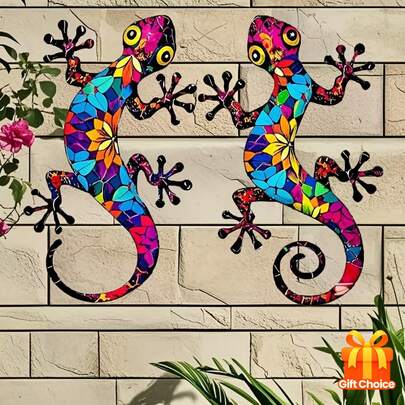 2件套2D亚克力蜥蜴墙饰，适用于家居、农舍、客厅、庭院、花园、后院，可作礼品、家居装饰及配件、花园墙饰、户外花园装饰。