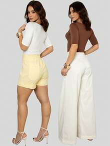 Kit 2 Women's Canoe Blouses Short Sleeve Basic Suplex Casual - Trắng và Nâu - Xem 11
