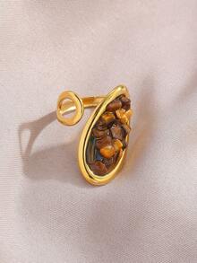 1枚优雅百搭时尚天然宝石及18K镀金不锈钢几何戒指，女士日常及节日配饰 - 金色 - 查看 4