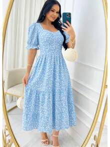 Women's Elegant Puff Sleeves Casual Party Midi Dress - Blue Sky - View 3
