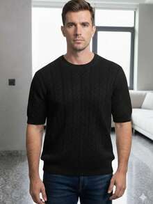 Men's Short-Sleeve Knit Sweater - Elegant Casual Slim Fit Style - 黑色 - 查看 1