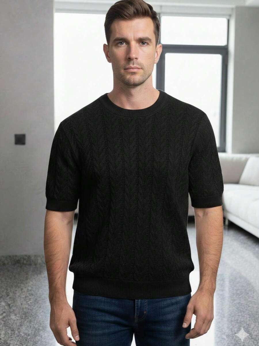 Men's Short-Sleeve Knit Sweater - Elegant Casual Slim Fit Style - 黑色 - 查看 1