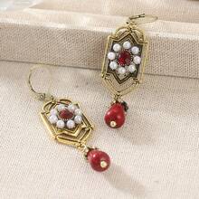 复古法式镂空花朵仿珍珠吊坠耳环，优雅女士节日圣诞装饰品（金色） - 紅色 - 查看 6