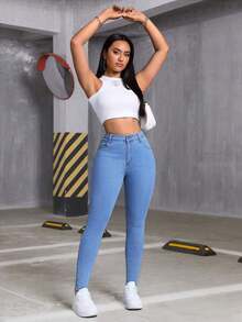 Women's Fashionable Stretch Slim-Fit Washed Denim Jeans, Summer Top/New Jeans For All Seasons, Elegant Women's Clothing, Suitable For New Year And Valentine's Day. - 藍色 - 查看 7