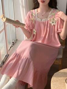 女士睡衣连衣裙，纯色方领睡袍，撞色可爱卡通休闲睡衣连衣裙，适合春夏穿着 - 粉色 - 查看 6