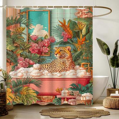 1pc Cartoon Animal Shower Curtain, Leopard Bathing, Funny Style, Made Of Polyester, Waterproof, Non-Shading, Suitable For Home And Bathroom Decor, Comes With 12 Hooks