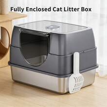 Litter Box With Lid, Stainless Steel Litter Box, Small Litter Pan For Kittens, Enclosed Cat Litter Pan, Non-Sticky Covered , Easy Clean - 50*35*35cm - View 1