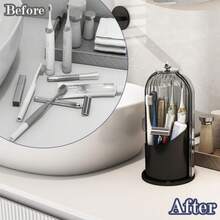 Dustproof Toothbrush Holders With Cover, Rotating Electric Toothbrush And Toothpaste Holder For Bathroom Countertop, 3 Slots Makeup Brushes Organizer, Grey White - 灰黑色 - 查看 4