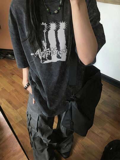 2026 Summer New Women Casual Loose Round Neck Retro Distressed American Print Pattern Street Fashion College Style Washed Short Sleeve T-Shirt