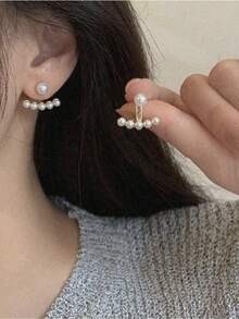 Minimalist Small Heart Faux Pearl Stud Earrings Korean Fashion Jewelry For Women Valentine's Mom Mother's Day Gift - White - 查看 3