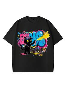 2026新款男士街头涂鸦黑猫喷绘T恤，宽松短袖上衣，夏季服装 - 黑色 - 查看 2