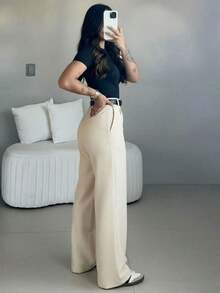 Women's High Waist Wide Leg Pants |   Spring Women's Clothing |   Casual Elegant Office Pants |   Spring Casual Wear |   Solid Color Loose Straight Bottoms |   Spring Apparel |   Women's Casual Wear |   Soft Comfortable Casual Pants |   Women's Casual Wear Matching |   Minimalist Fashionable Workwear |   Casual Suit |   New Year Preparation |   Essential Spring & Autumn, No Belt Included - 杏色 - 查看 6