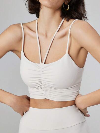 ATTRACO Women's Sports Bra, Ruched Bust Design, Criss-Cross Back Spaghetti Strap, Removable Padded, Solid Color Yoga Fitness Workout Sports Vest