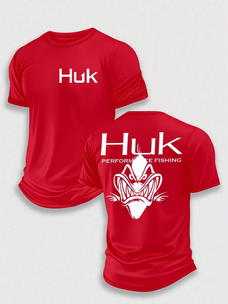 (220 Pieces Of Pure Cotton T-Shirts)HUK MONSTER ANGLER Performance Fishing T-Shirt, Moisture Wicking Quick Dry Tee, High-Quality Graphic Printed Outdoor Sportswear, Men's Short Sleeve Shirt, Shark Teeth Monster Graphic, Deep Sea Predator Art, Holiday Gift, Performance Gear, Lightweight Breathable, Camisetas Para Hombre, Men Vacation Outfits, Urban Outdoor Style - Red - View 1