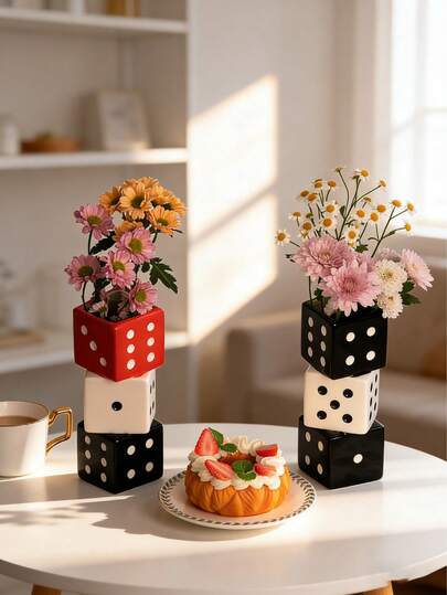 Stacked Dice Resin Vase - Decorative Desktop Flower Vase, Suitable For Indoor Use, Can Display Small Flowers And Plants, Ideal For Bedroom Vanity, Dining Table Center Decor And Apartment Decoration, Made Of High-Quality Resin, Durable And Long-Lasting, Unique Decor Item Can Elevate Any Space, Perfect Housewarming Or Game Night Enthusiast Gift