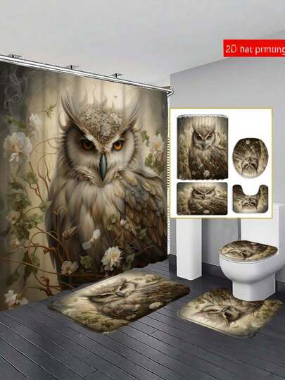 1/4 件套豪华猫头鹰图案浴室套装 - 防水浴帘、防滑地毯、U 型垫、马桶盖垫 - 完整的浴室装饰方案，配有 12 个挂钩，方便安装