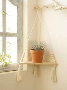 1pc Beige Bohemian Style Triangle Corner Hanging Wall Shelf, Layered Floating Display Rack, Rustic Minimalist Design With Tassel Details, Space-Saving Storage Organizer Suitable For Living Room, Bedroom, Bathroom, Kitchen, Apartment, Dorm, Plant Display, Bookshelf, Home Decor - Beige - View 11