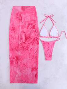 Bộ 3 món đồ bơi gợi cảm kiểu Âu Mỹ họa tiết hoa, bikini maxi lưới cho kỳ nghỉ hè, màu hồng. - Hồng - Xem 3