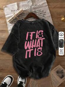 大码女式夏季休闲T恤 | “随波逐流”字母印花，宽松圆领，双面设计，短袖水洗棉T恤，纯棉T恤 - 黑色 - 查看 3