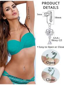 8件套波西米亚风夏季沙滩不锈钢夹式肚脐环套装，镶嵌闪亮立方氧化锆和蛇形吊坠，适合女性度假和派对佩戴 - 銀色 - 查看 2