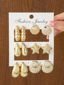 2026新款金属水滴贝壳耳环，蝴蝶心形耳环套装 - 金色 - 查看 3