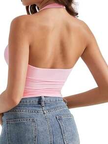 OMKAGI  Women's V-Neck Collarless Short-Sleeved Tank Top Y2K  Streetwear Style Top See-Through Top With Exposed Neckline - 粉色 - 查看 8