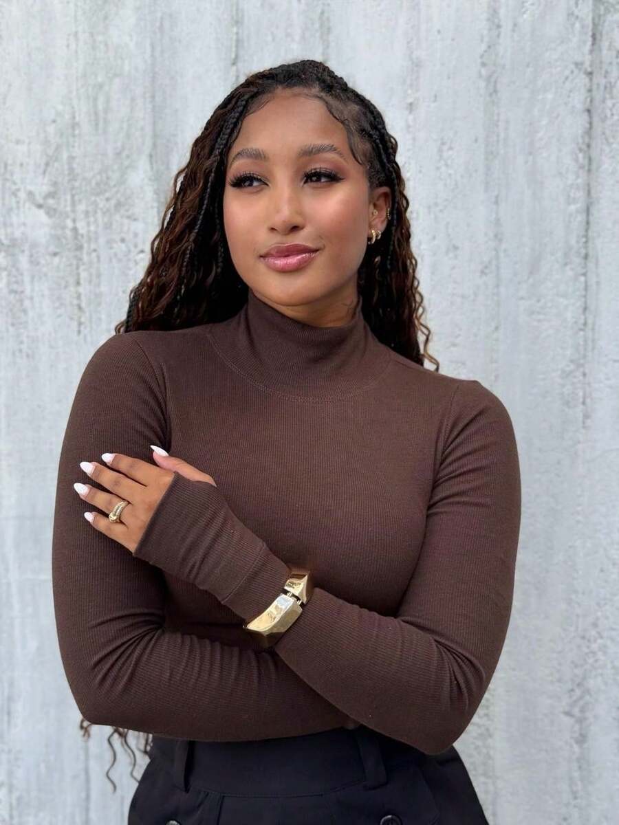 Women's Ribbed Long Sleeve Cropped High Neck Top With Thumb Loops - Dark Brown - View 1