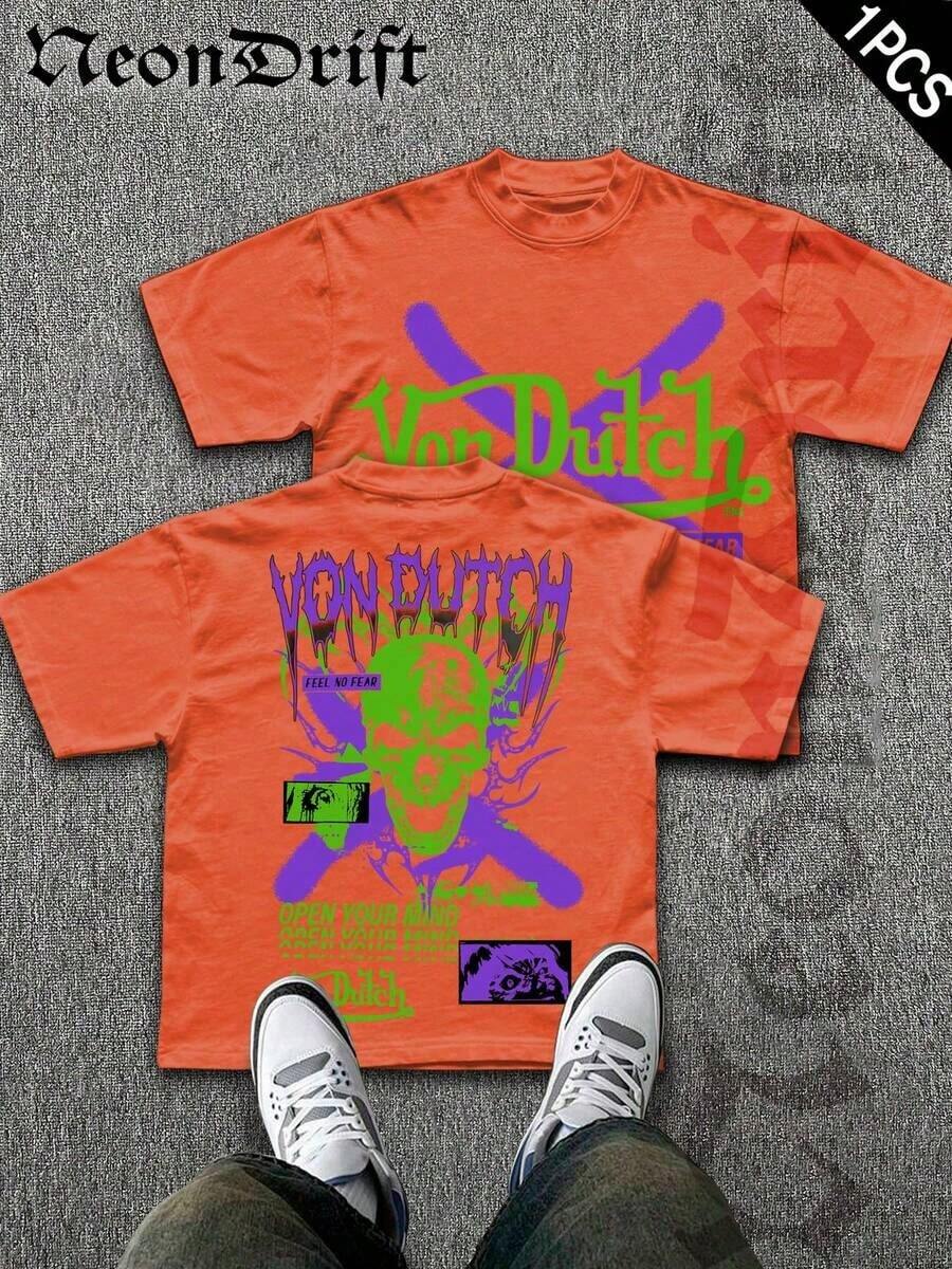 SummerNeonDrift Street Double-Sided Printing Cotton T-Shirt 100% Cotton Fabric Unisex Style-Men T Shirt Skull Graphic Print Neon Yellow Orange Cross Design Streetwear Fashion Casual Wear For Urban Style Fans Hip Hop Look Breathable 100 Cotton Comfortable FitLoose And Comfortablesummer Clothes - 橘色 2 - 查看 1