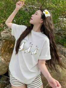 新款Z世代女款三只鸭子可爱印花圆领短袖T恤，夏季休闲白色 - 白色 - 查看 1