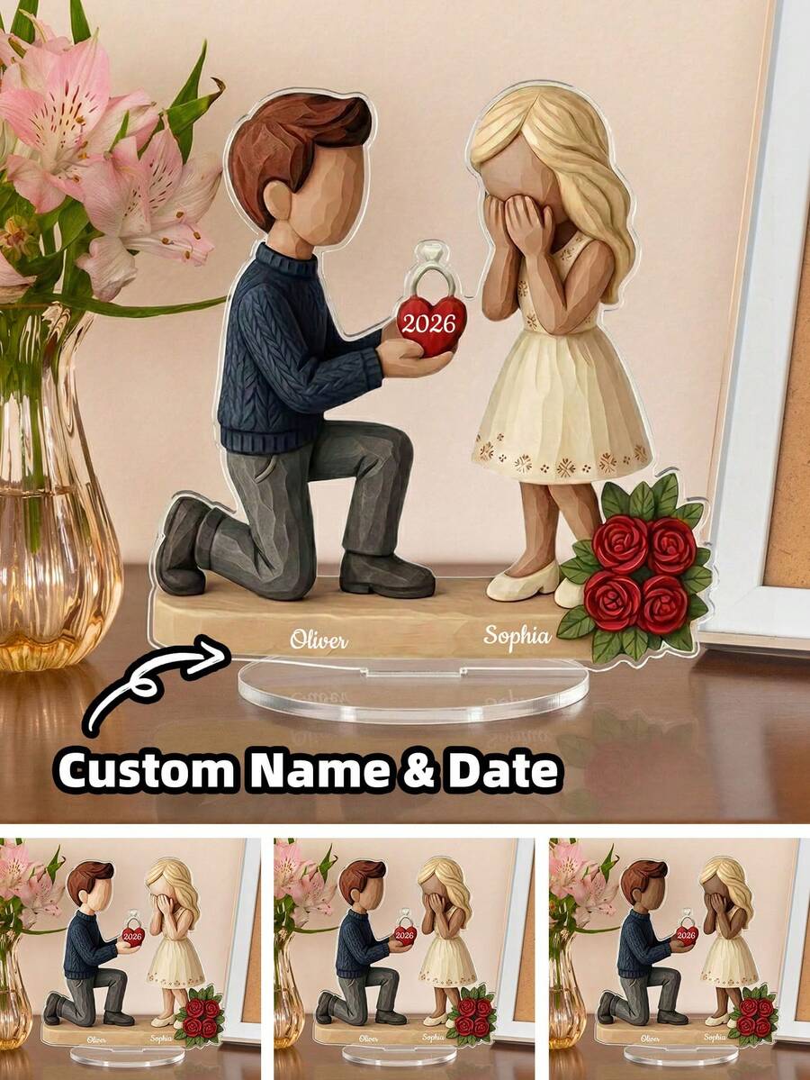 1-2个定制求婚亚克力立牌 - 个性化姓名亚克力装饰品，求婚及婚礼摆件，新订婚情侣纪念品，高品质，色彩缤纷，是家居装饰和婚礼装饰的理想之选 - 多色2 - 查看 1