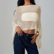 Women Sheer Mesh Poncho Top Crochet Knit Lightweight See Through Shawl Wrap Summer Oversized Loose Shrug Beachwear Swimsuit Bikini Cover Ups - 米色 - 查看 9